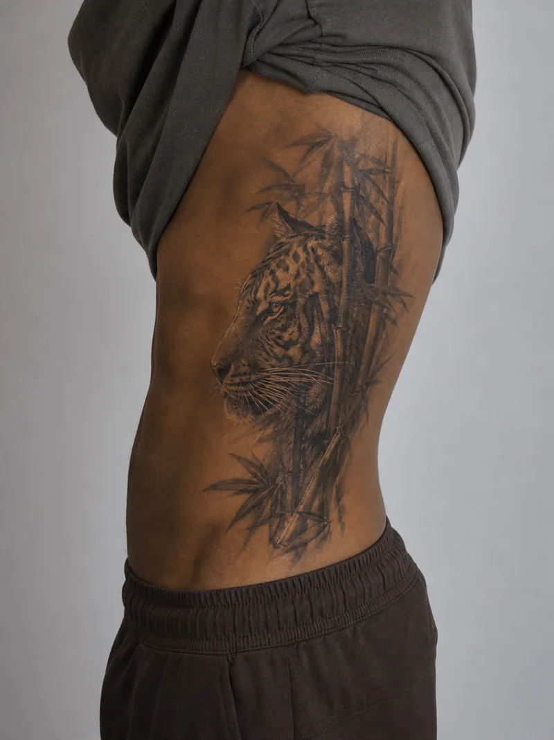 Tiger rib tattoo - tiger profile emerging through layered bamboo shadows