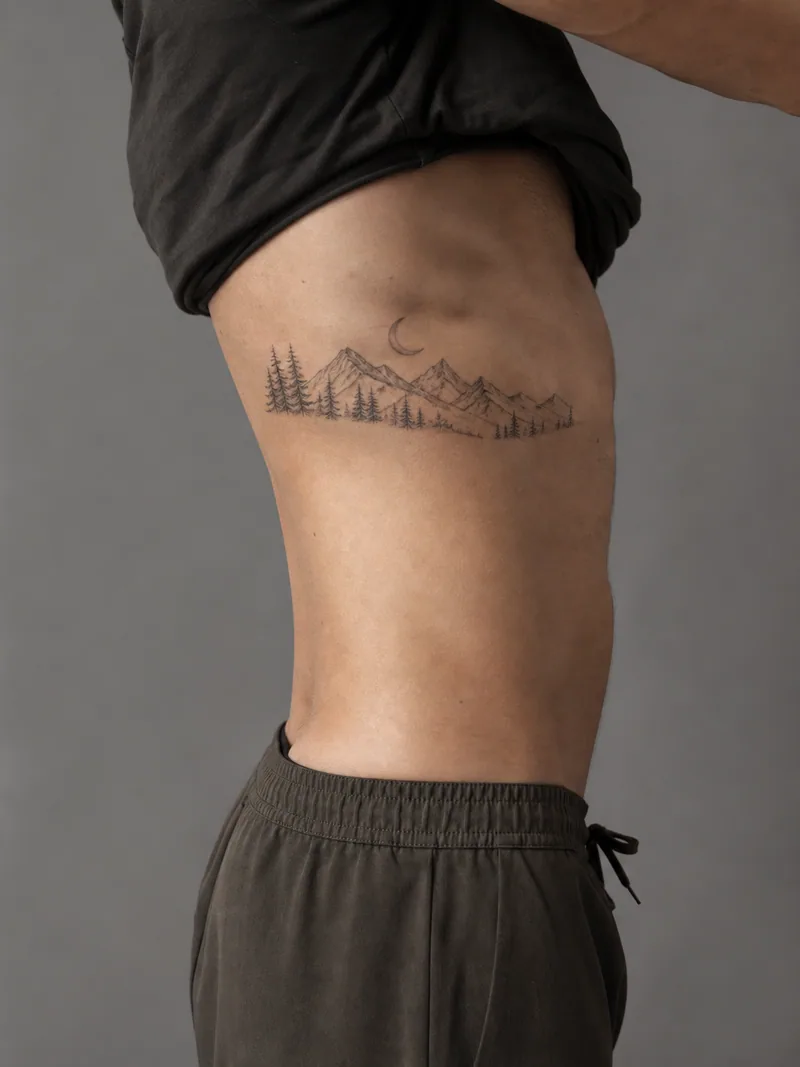 Mountain rib tattoo - mountain ridge, pine forest and crescent following a horizontal rib arc