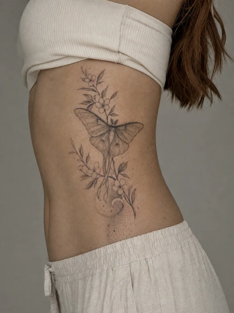 Luna moth rib tattoo - large luna moth framed by jasmine branches and fading dotwork