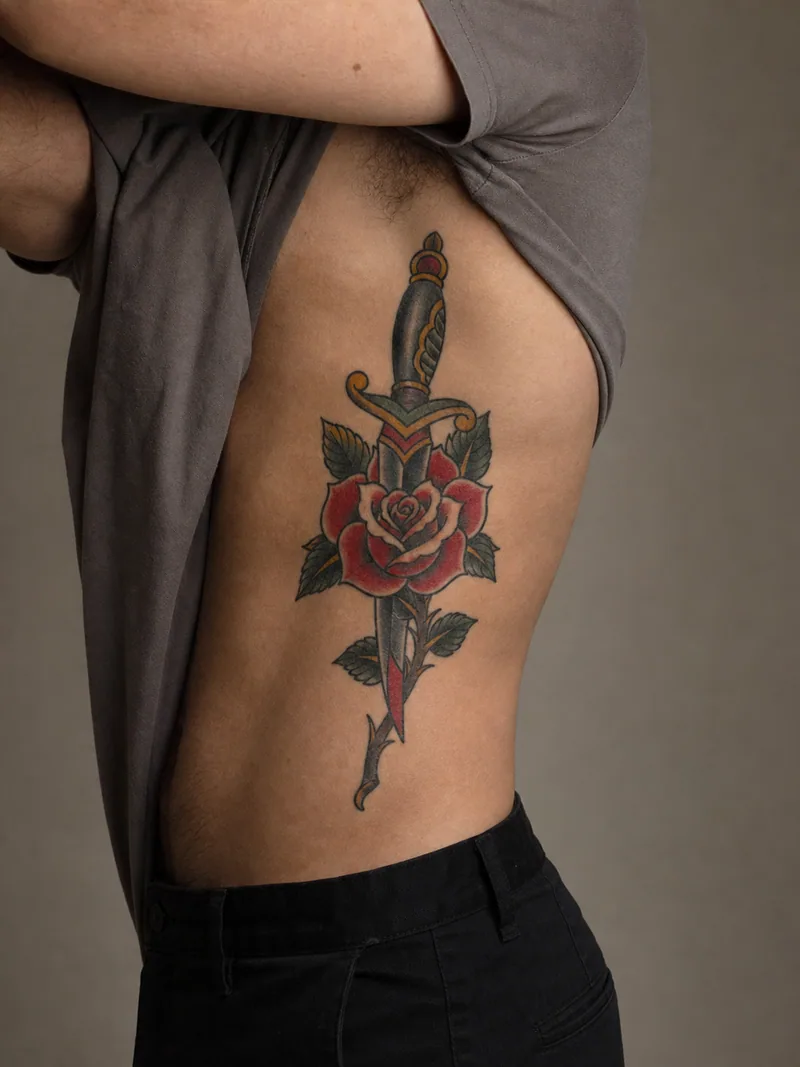 Dagger and rose rib tattoo - traditional dagger piercing a red rose in a strong vertical composition