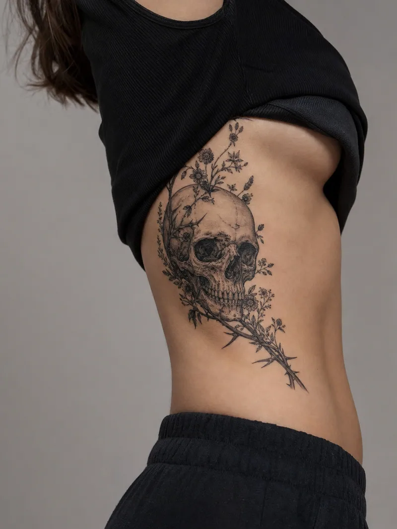Skull rib tattoo - skull framed by wildflowers and thorn stems sweeping diagonally