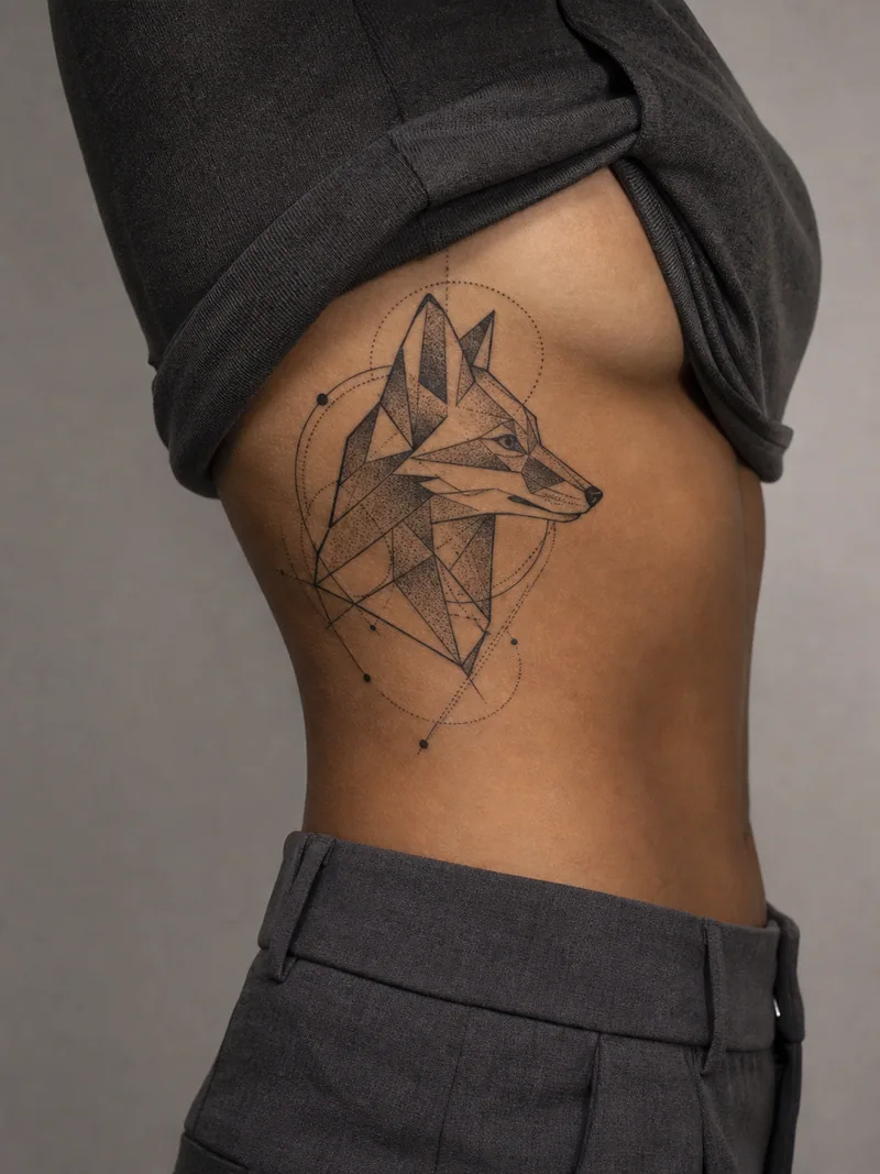Geometric fox rib tattoo - fox profile built from angular planes, circles and precise dotwork