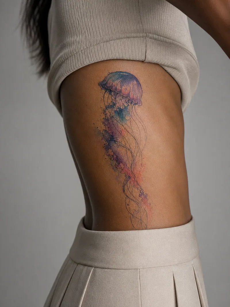 Jellyfish rib tattoo - floating jellyfish with transparent colour and fine trailing tentacles