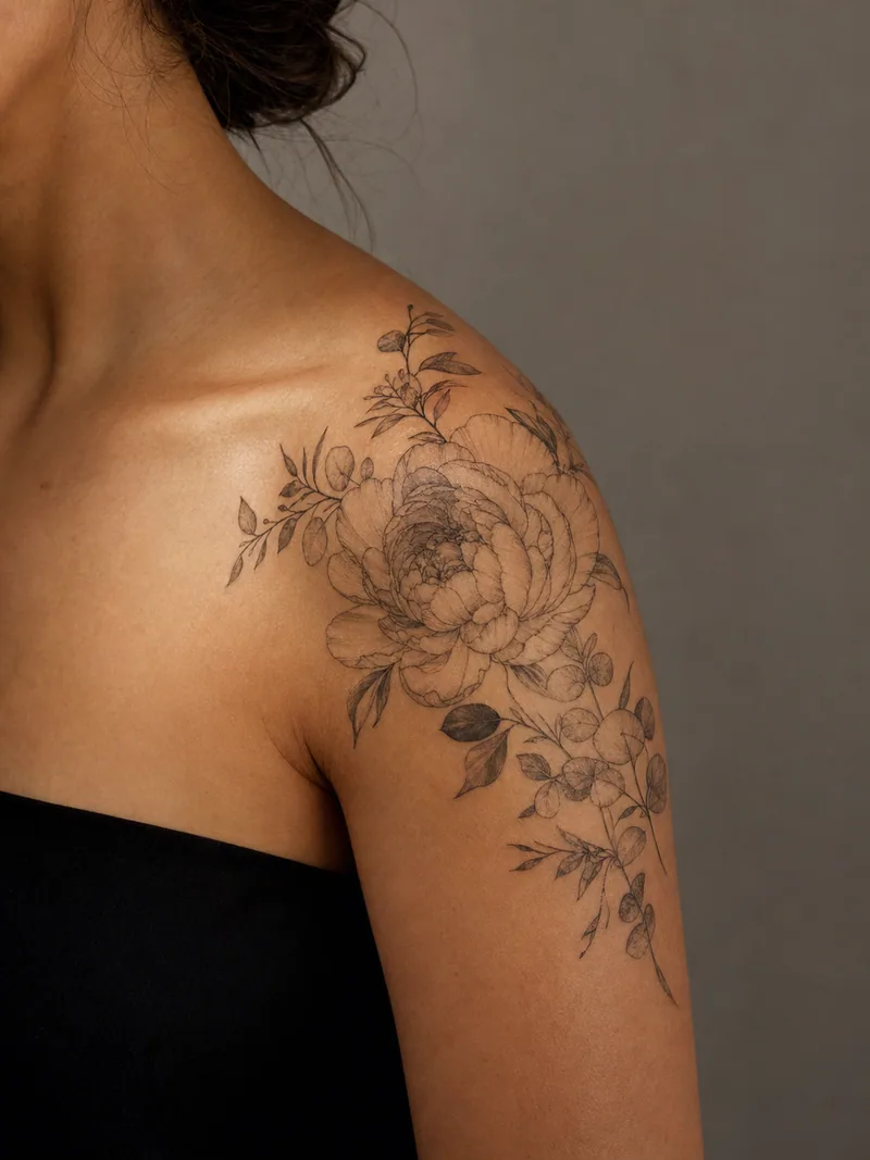 Peony shoulder tattoo - large peony and eucalyptus sweeping from the collarbone toward the upper arm