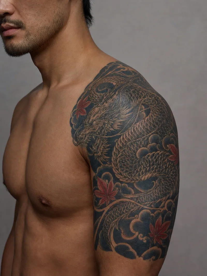 Dragon shoulder tattoo - scaled dragon curling through dark clouds and restrained red maple leaves