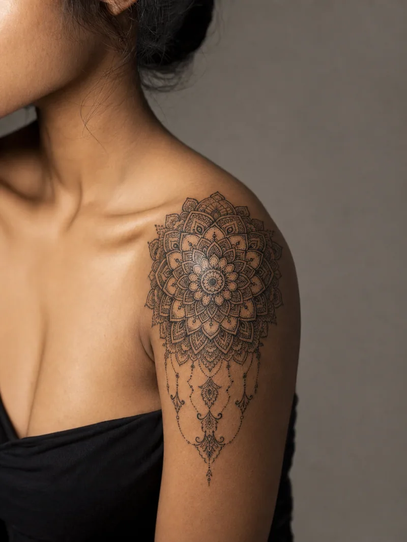 Ornamental shoulder tattoo - layered mandala centred on the shoulder with lace geometry tapering down the arm