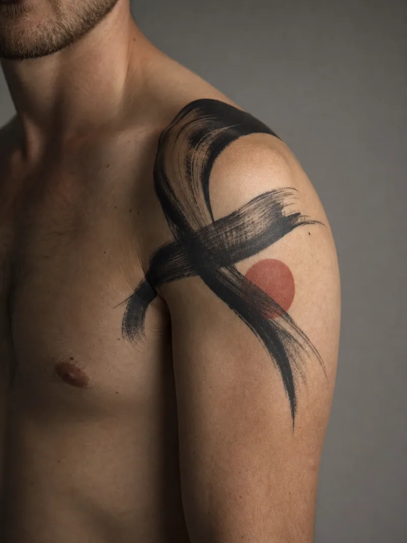 Abstract shoulder tattoo - sweeping black brush ribbons crossing one restrained rust-red circle