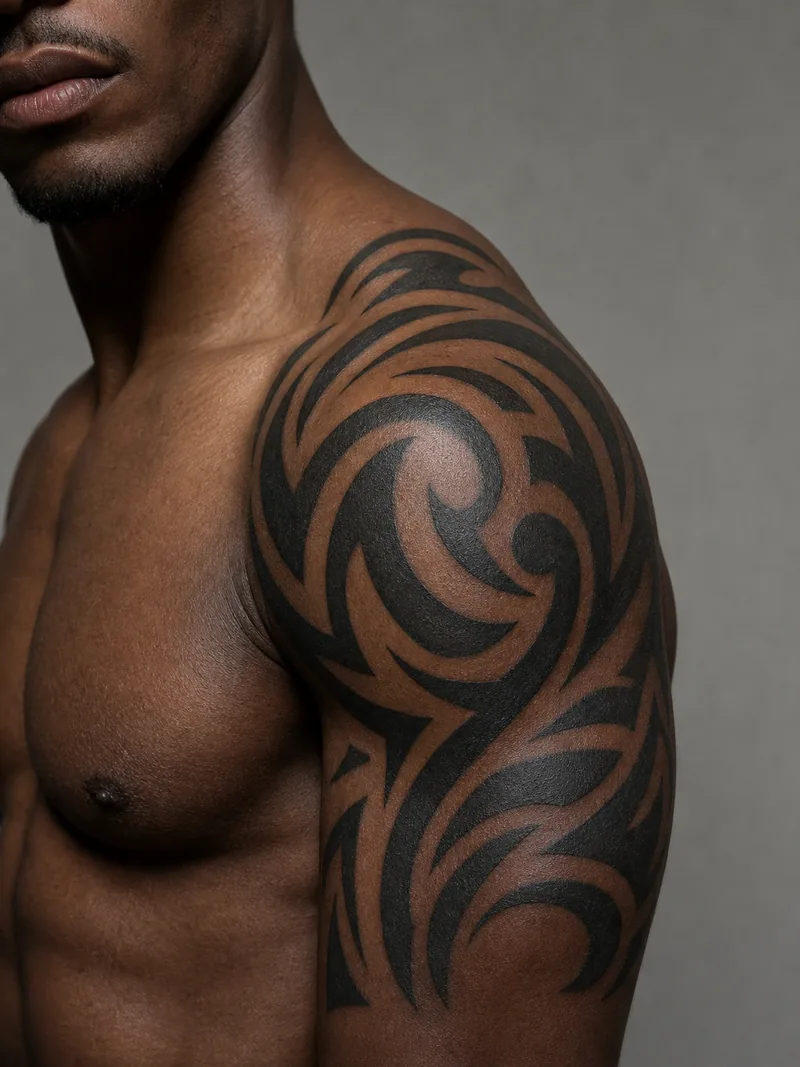 Neo-tribal shoulder tattoo - bold contemporary curves and skin breaks following the deltoid anatomy