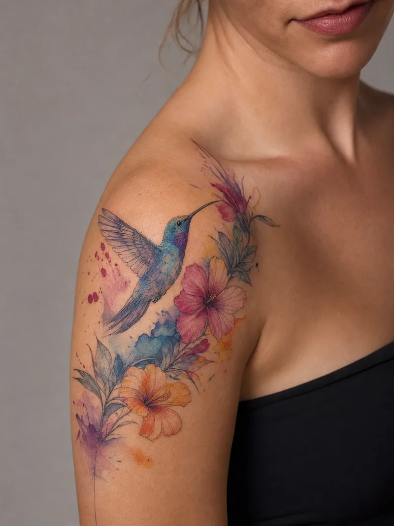 Hummingbird shoulder tattoo - hummingbird and tropical flowers joined by transparent painterly colour