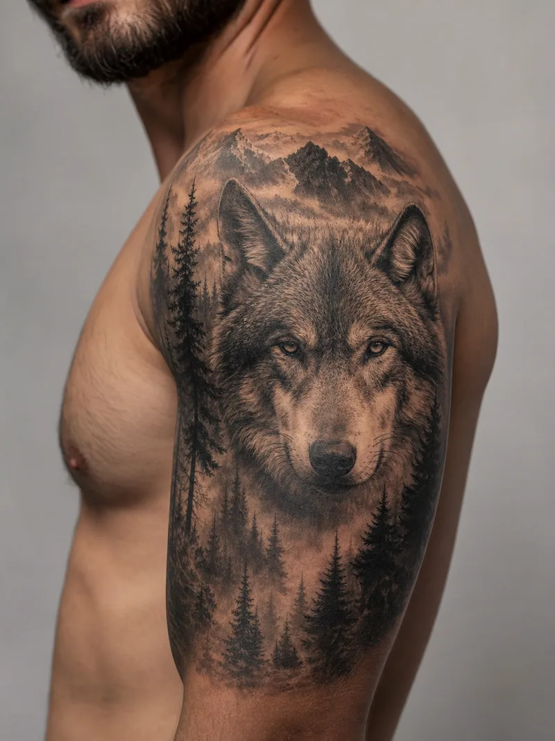 Wolf shoulder tattoo - realistic wolf portrait emerging from layered pines and distant mountains
