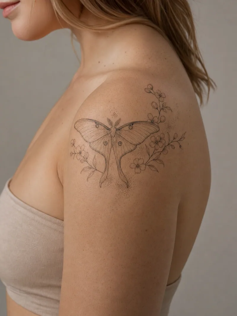 Luna moth shoulder tattoo - delicate luna moth framed by jasmine sprigs and a soft dotwork field