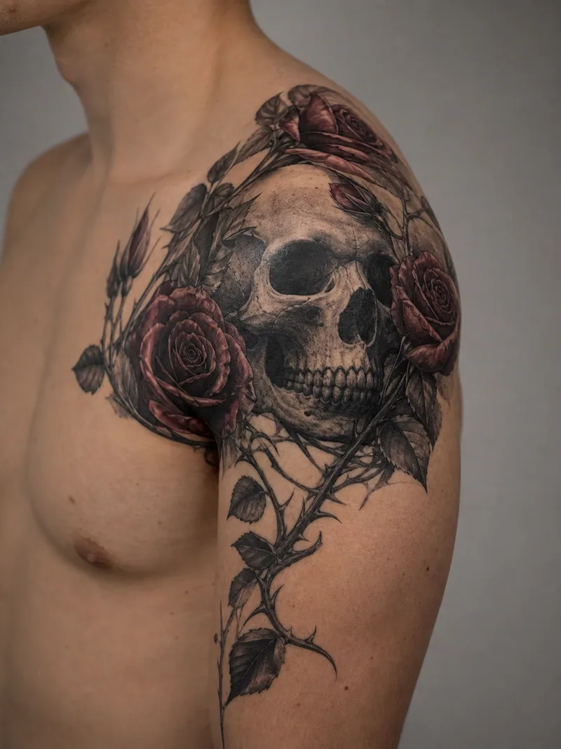 Skull and roses shoulder tattoo - skull framed by wild roses and thorn stems flowing down the upper arm