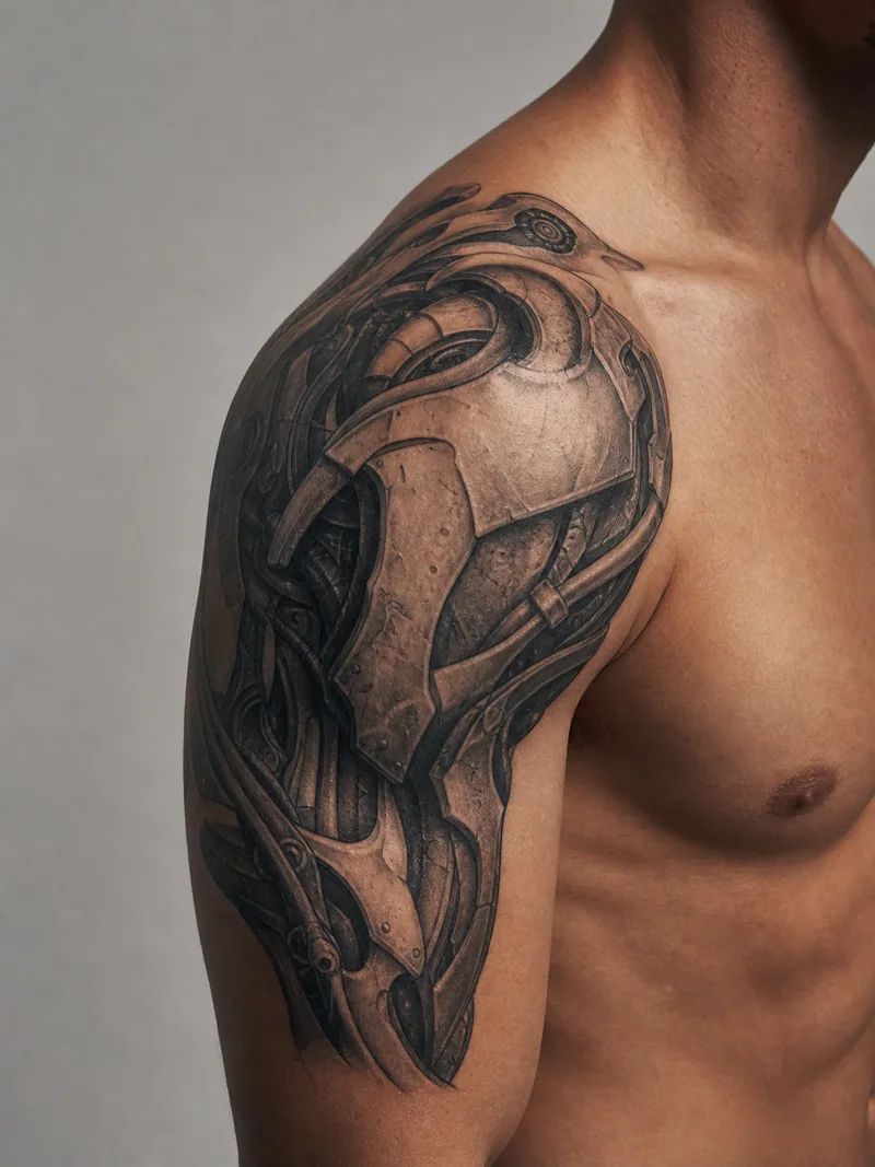 Biomechanical shoulder tattoo - layered mechanical plates and cables fitted closely to the shoulder joint