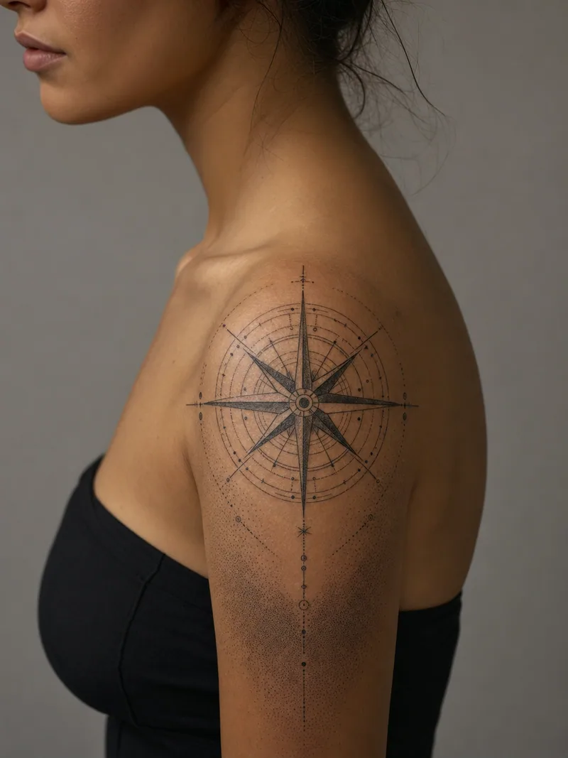 Compass shoulder tattoo - precise compass rose with circular construction lines and fading dotwork