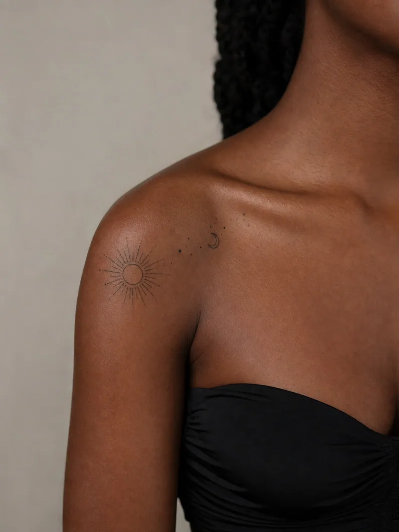 Small sun shoulder tattoo - fine radiant sun with a small crescent and sparse dots toward the collarbone