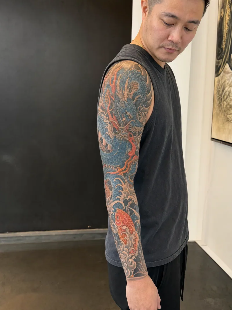 Dragon and koi sleeve tattoo - blue dragon and orange koi moving through layered water and wind bars