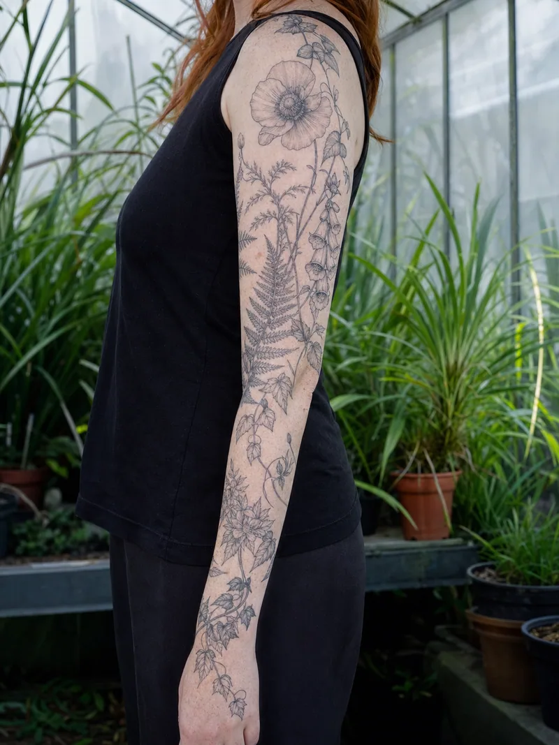 Fine line botanical sleeve tattoo - ferns, foxglove, poppies and light vines following the shape of the arm