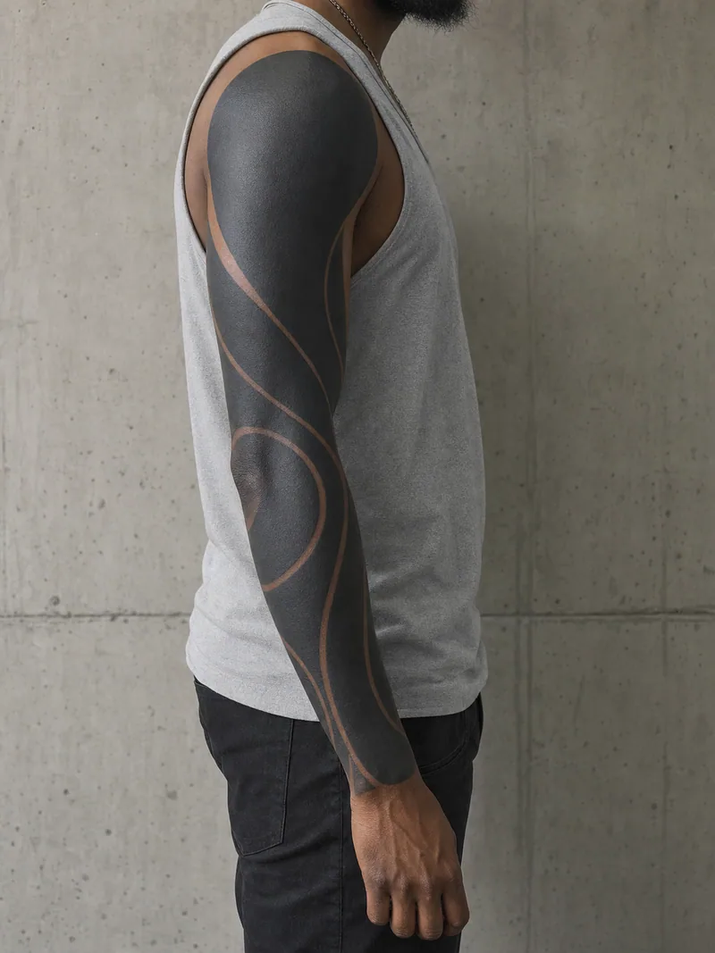 Negative space blackout sleeve tattoo - solid black fields divided by flowing skin-tone arcs from shoulder to wrist