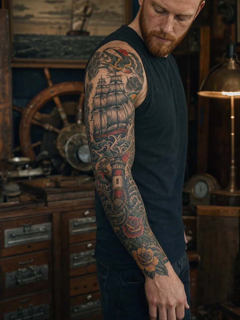 Traditional nautical sleeve tattoo - clipper ship, lighthouse, swallows, rope, roses and waves in bold traditional colour