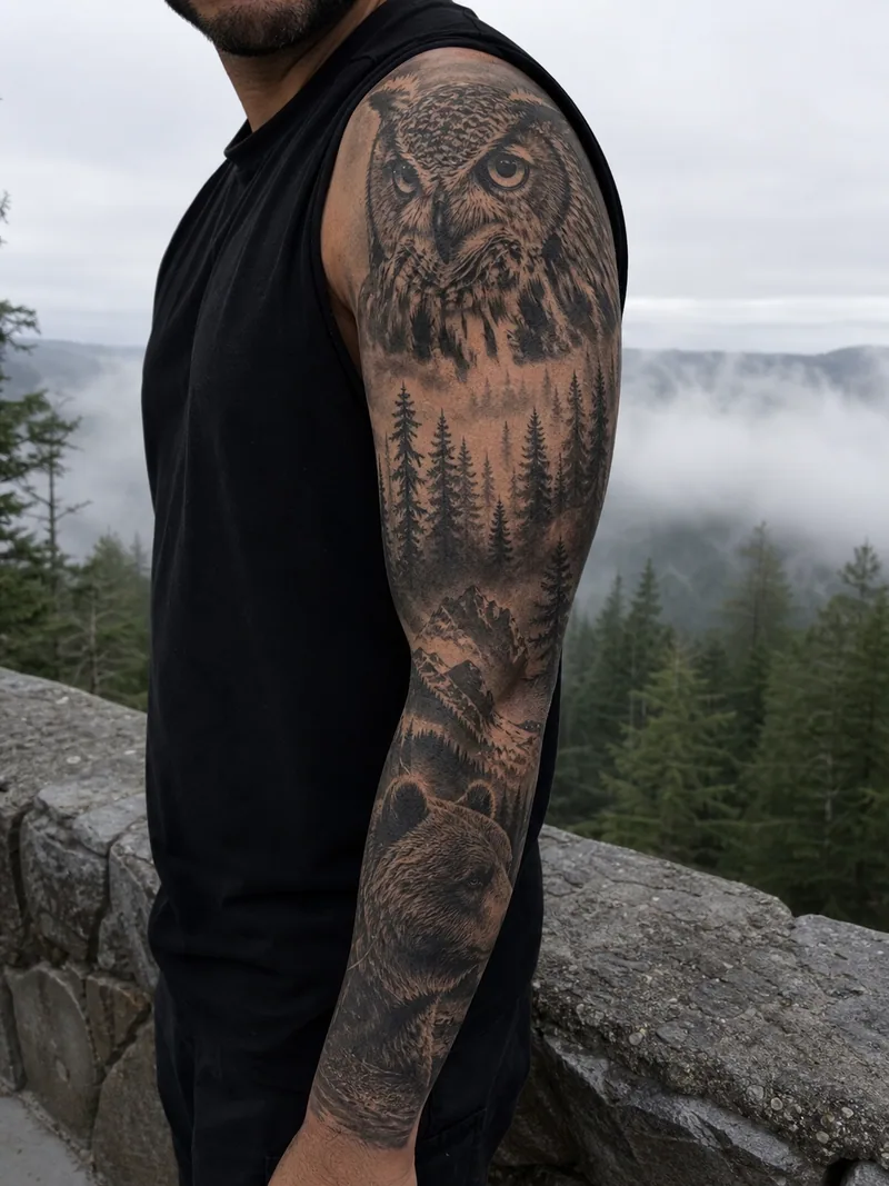 Wildlife forest sleeve tattoo - owl, pine forest, bear and distant mountains joined by atmospheric fog