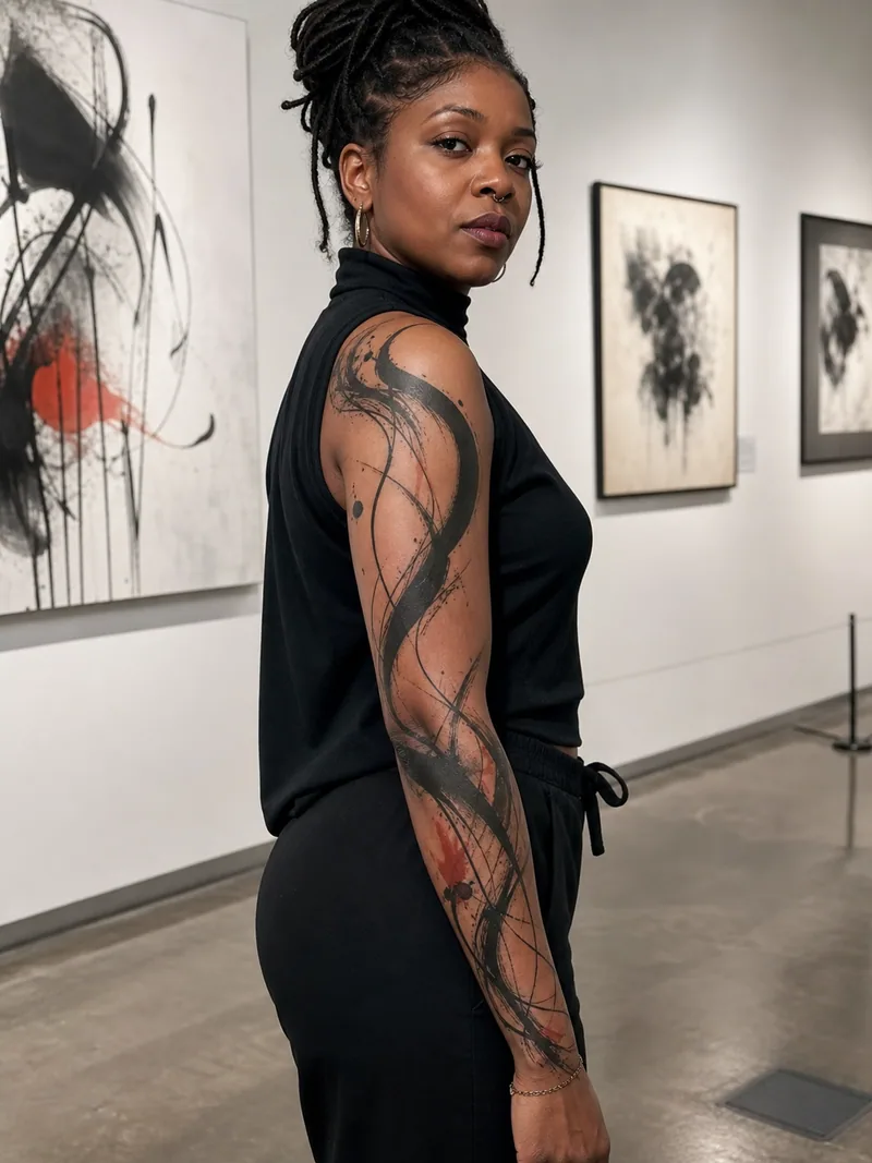 Abstract brushwork sleeve tattoo - energetic brushstrokes and calligraphic lines with restrained rust-red accents