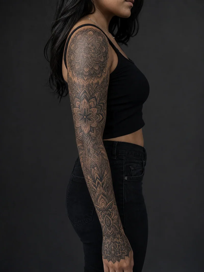 Ornamental mandala sleeve tattoo - layered mandalas, lace geometry, dotwork and floral rosettes from shoulder to wrist