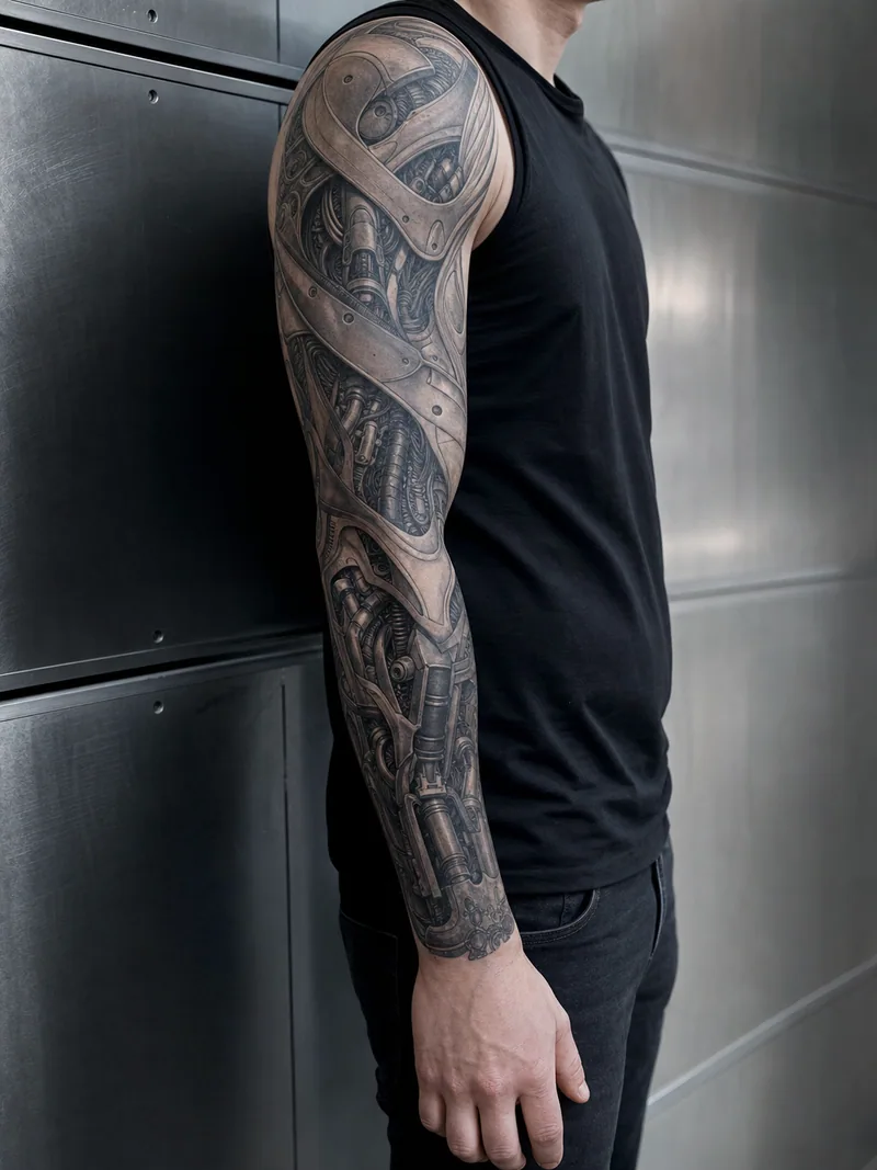 Biomechanical sleeve tattoo - machinery, cables and organic armour fitted closely to the anatomy of the arm