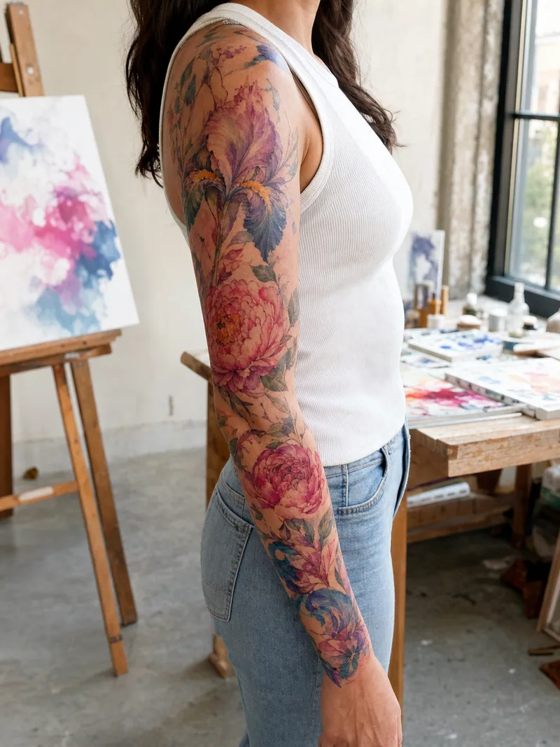 Watercolor floral sleeve tattoo - peonies and irises joined by transparent washes and painterly colour edges
