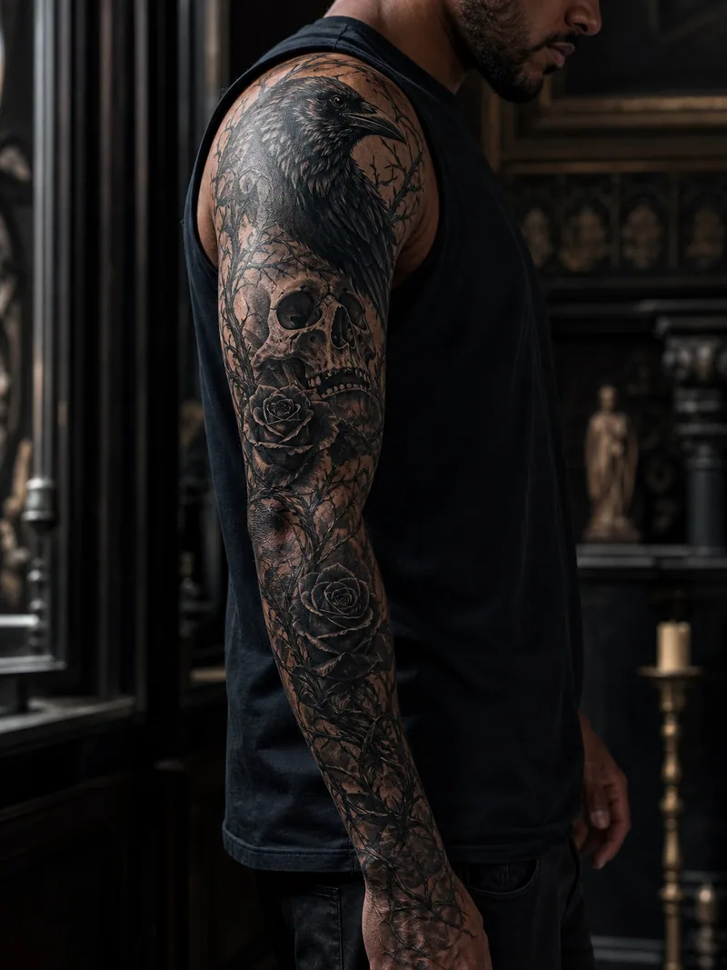 Raven and skull sleeve tattoo - raven, skull, black roses and thorn branches in a dramatic dark composition