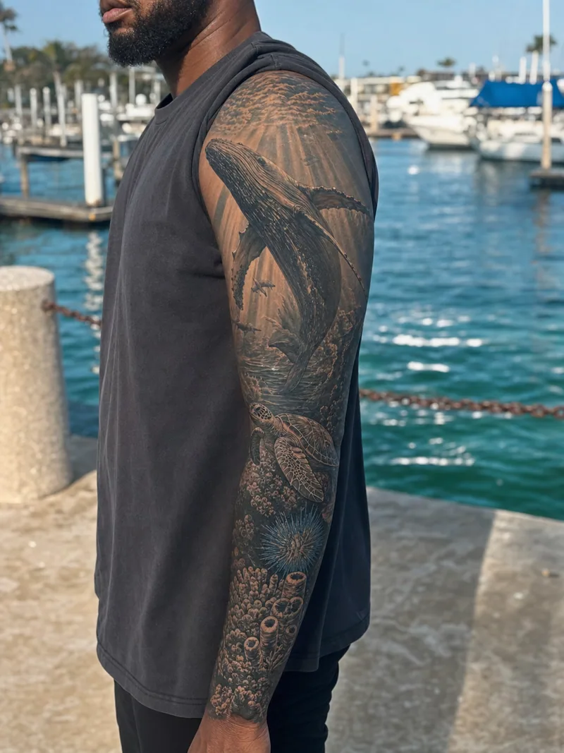Ocean realism sleeve tattoo - whale, sea turtle and coral descending through a deep-water sleeve scene