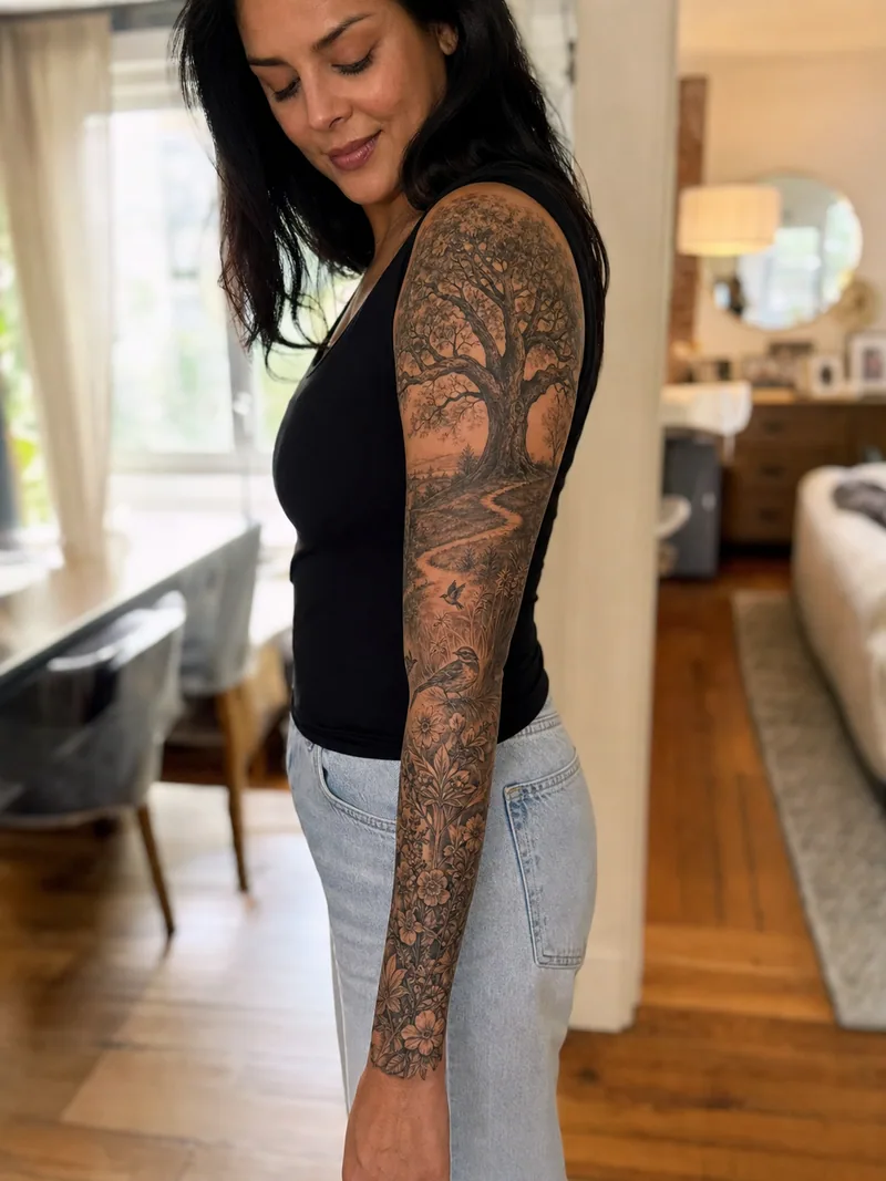 Oak tree nature sleeve tattoo - old oak, winding path, birds and wildflowers forming a calm narrative landscape