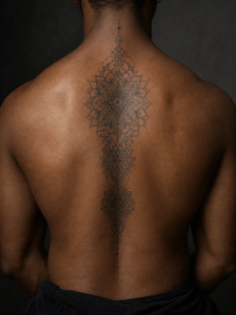 Ornamental spine tattoo - layered mandala rosettes, lace geometry and descending dotwork