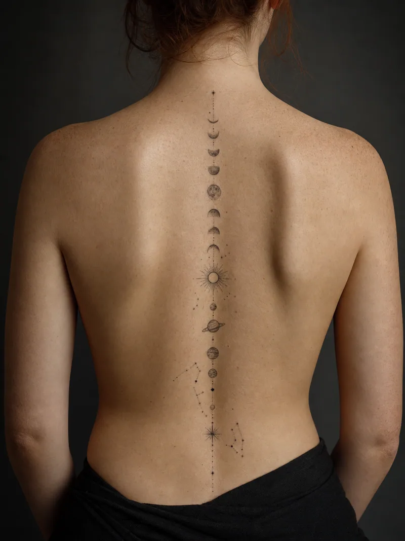 Celestial spine tattoo - moon phases, sun, planets and sparse constellations aligned vertically