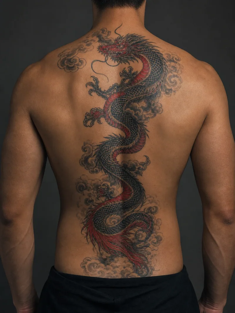 Dragon spine tattoo - long scaled dragon moving through restrained clouds from nape to waist