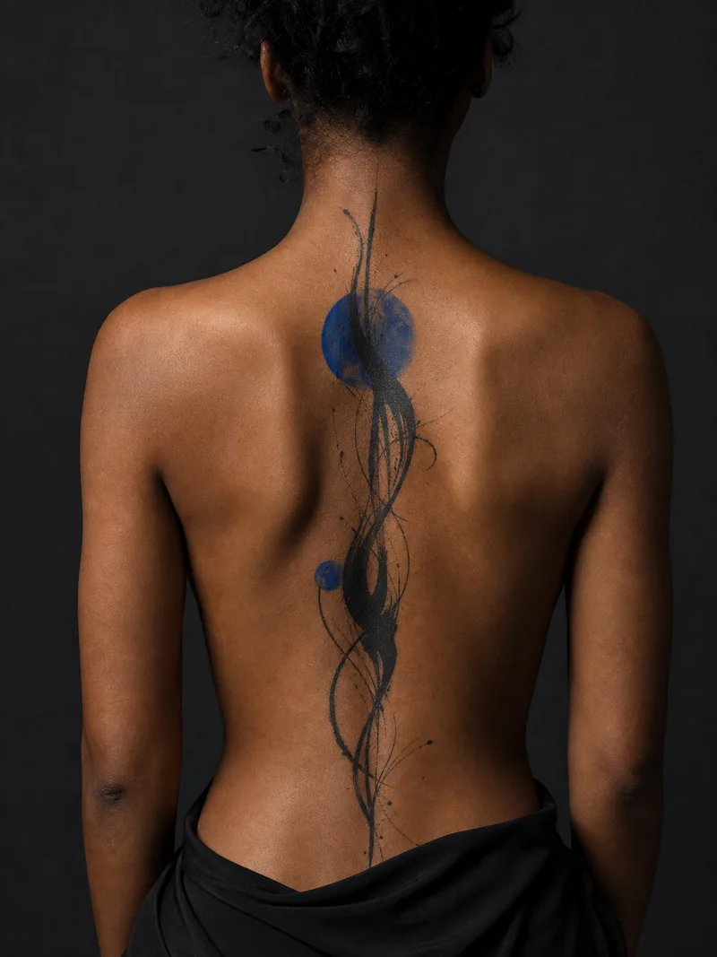 Abstract spine tattoo - gestural black brushwork rising through two restrained blue circles
