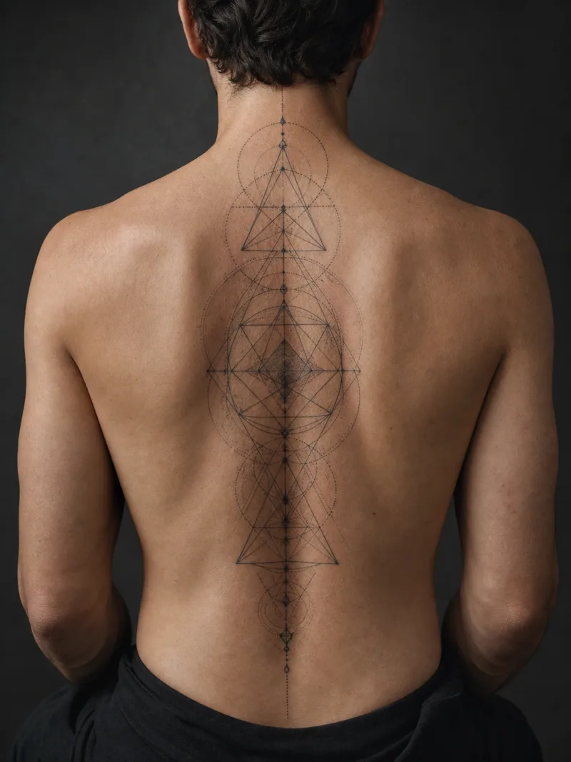 Geometric spine tattoo - interlocking circles, triangular planes and fading dotwork on one axis