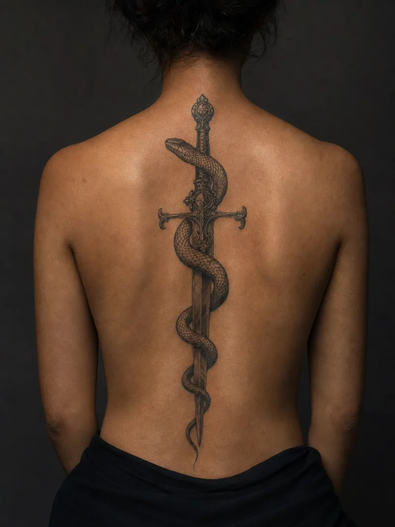 Sword and snake spine tattoo - ceremonial sword pointing downward with a detailed snake wrapped around it