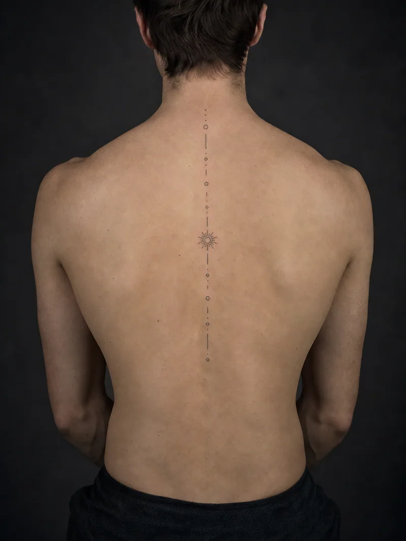 Minimal spine tattoo - tiny circles, short lines and one radiant sun forming a slim vertical sequence