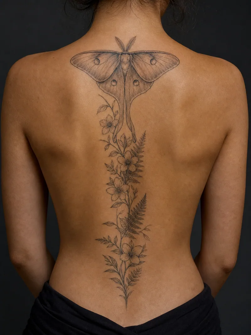 Luna moth spine tattoo - large luna moth above jasmine flowers and fern stems descending to the waist