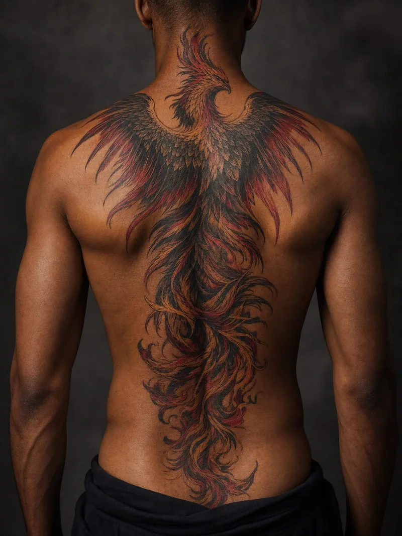 Phoenix spine tattoo - rising phoenix with broad wings and flowing feathers along the spine