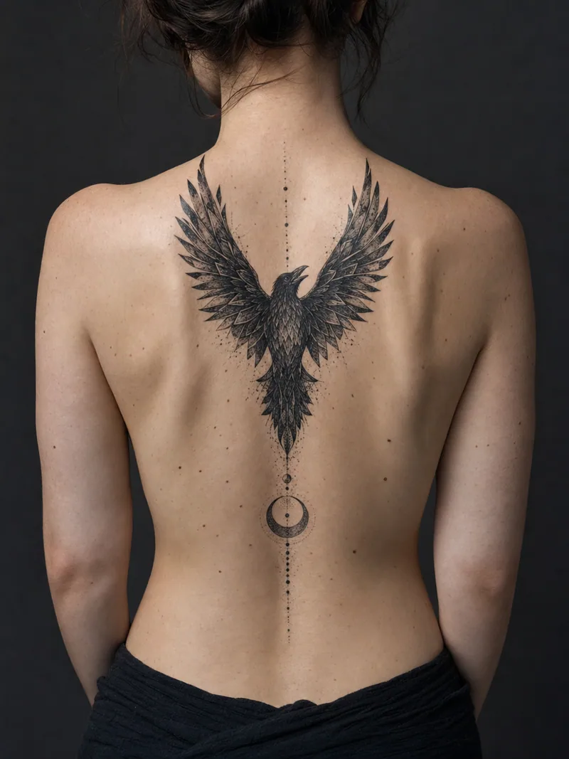 Raven spine tattoo - raven in flight tapering into a crescent moon and vertical dotwork trail
