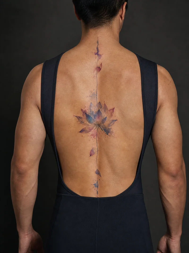 Lotus spine tattoo - watercolor lotus connected by one fine line and sparse drifting petals