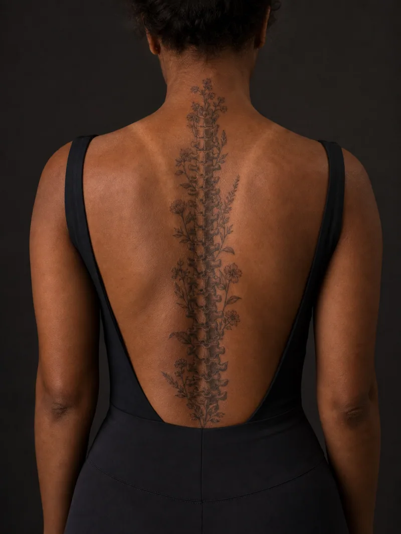 Anatomical spine tattoo - realistic vertebrae interwoven with small wildflowers and leaves