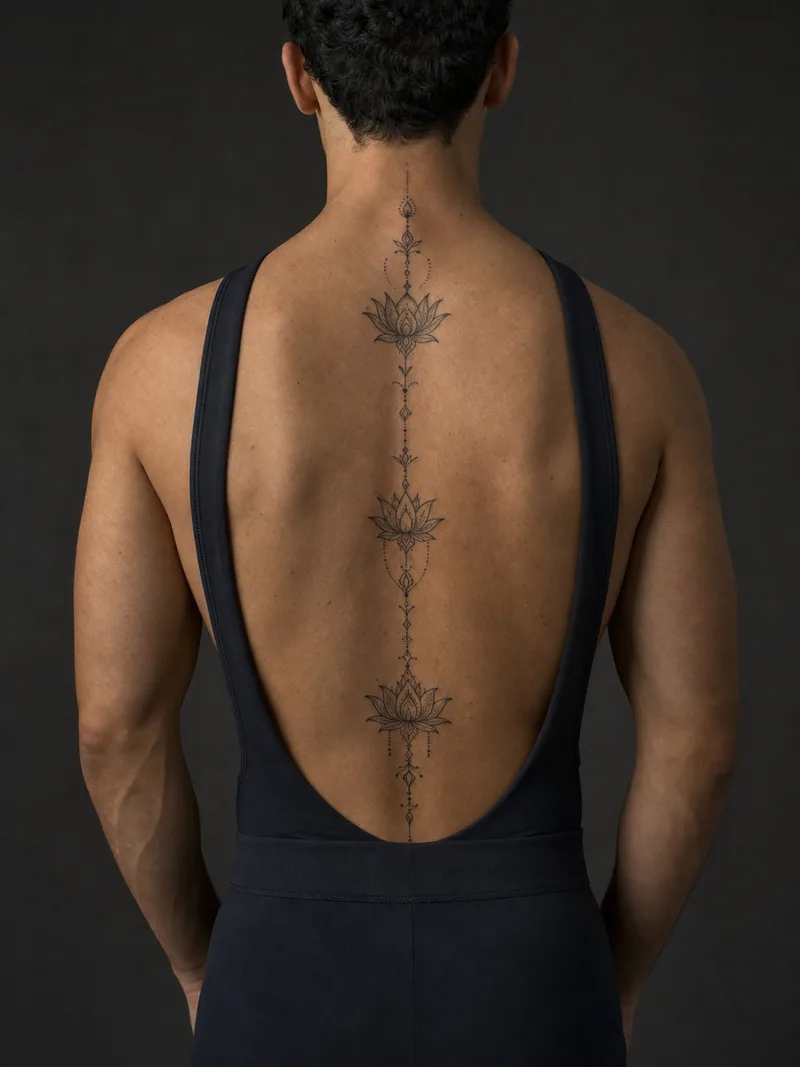 Lotus chain spine tattoo - repeating lotus flowers, tiny diamonds and delicate dotwork drops