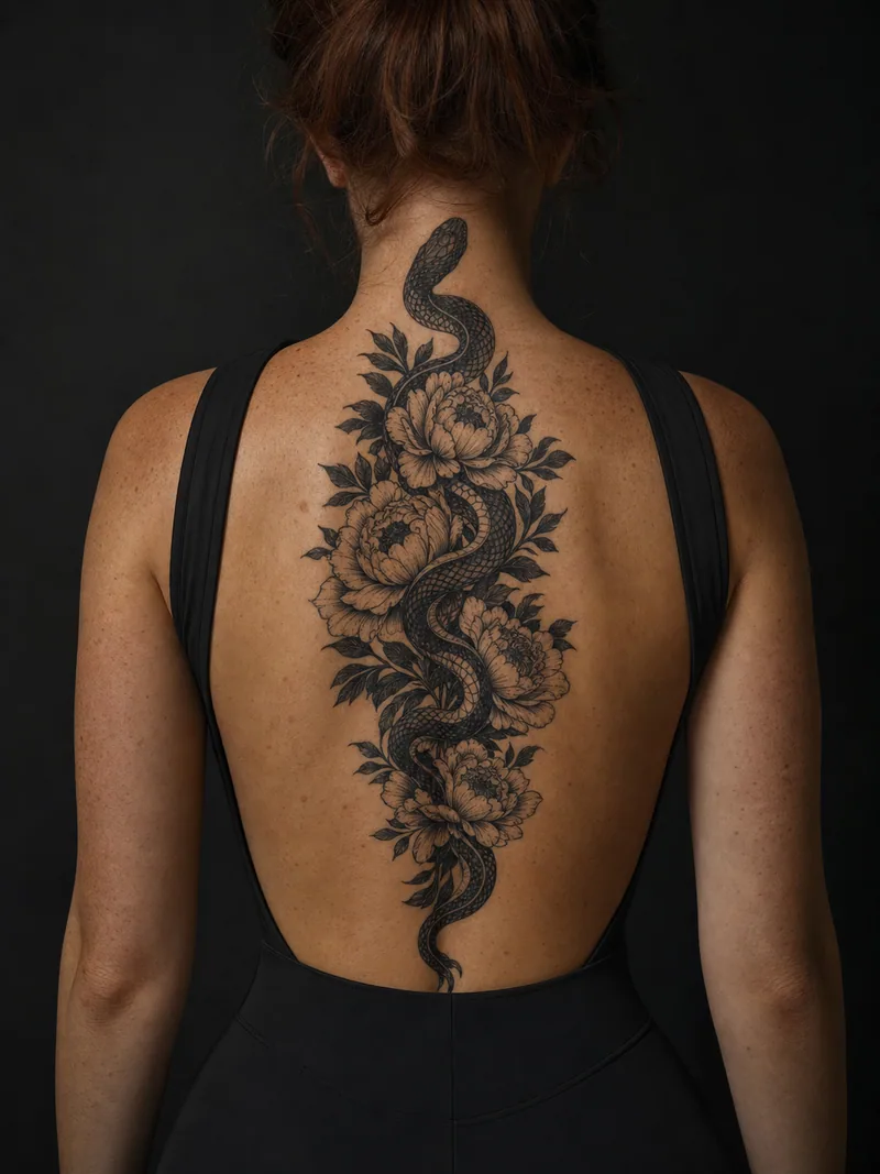 Snake and peony spine tattoo - dense snake winding vertically through layered peonies and foliage