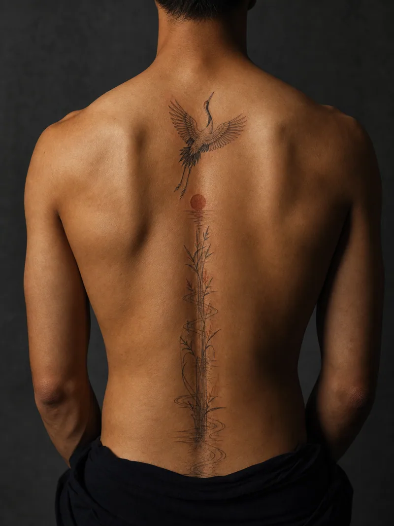 Crane spine tattoo - crane flying above reeds, a slim river and a small rising sun