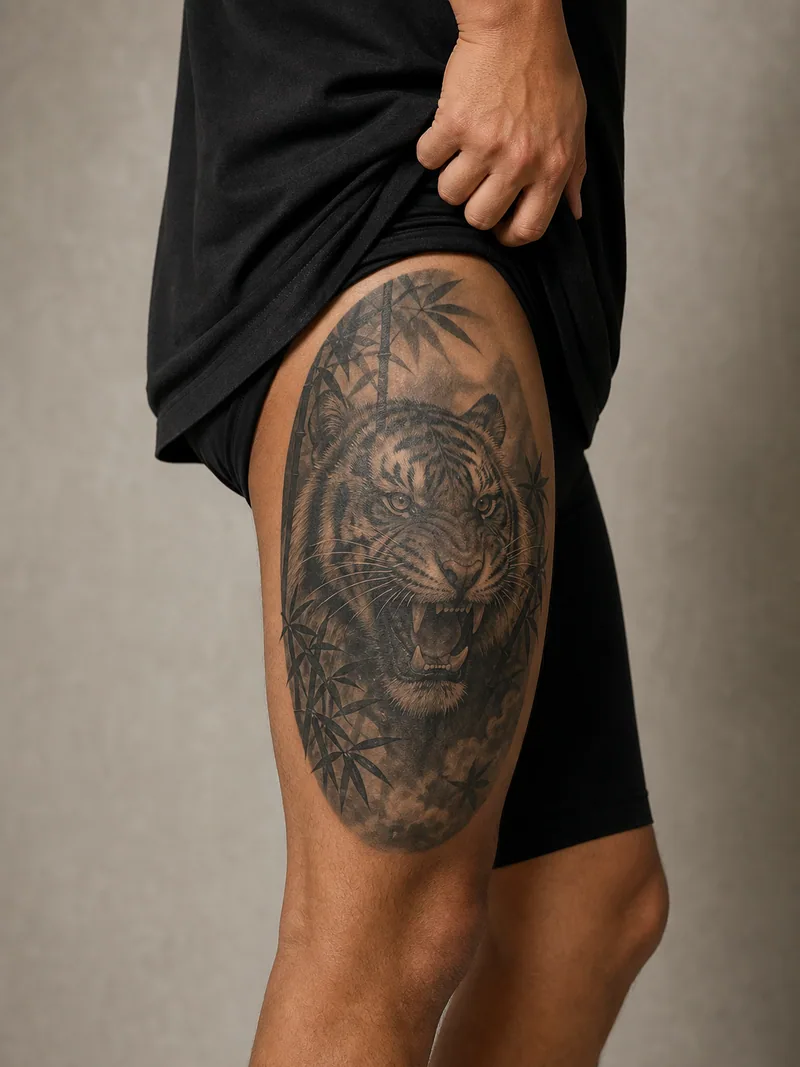 Tiger thigh tattoo - roaring tiger framed by bamboo shadows and subtle atmospheric fog