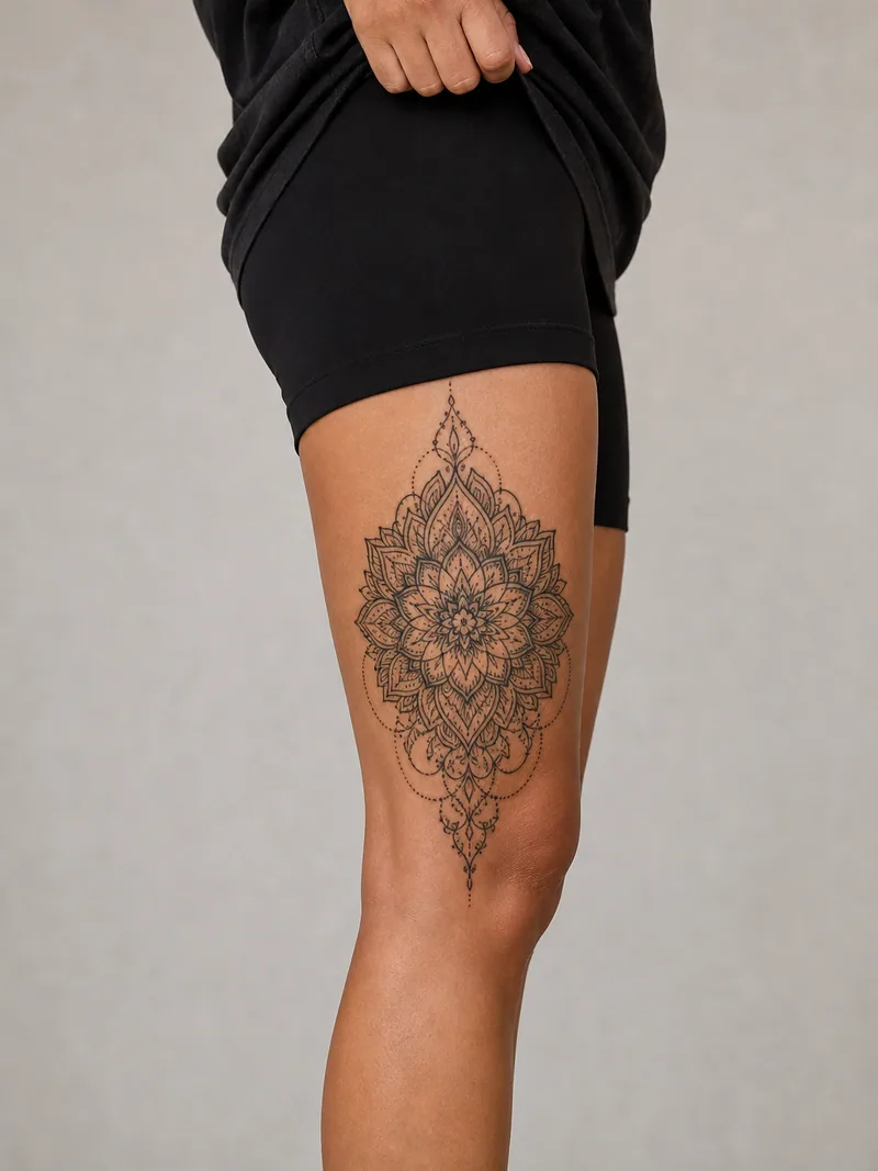 Ornamental thigh tattoo - symmetrical mandala with lace geometry and dotwork tapering toward the knee