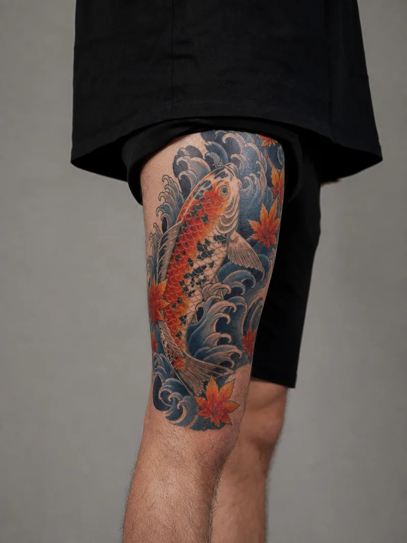 Koi and wave thigh tattoo - koi swimming upward through indigo waves and orange maple leaves