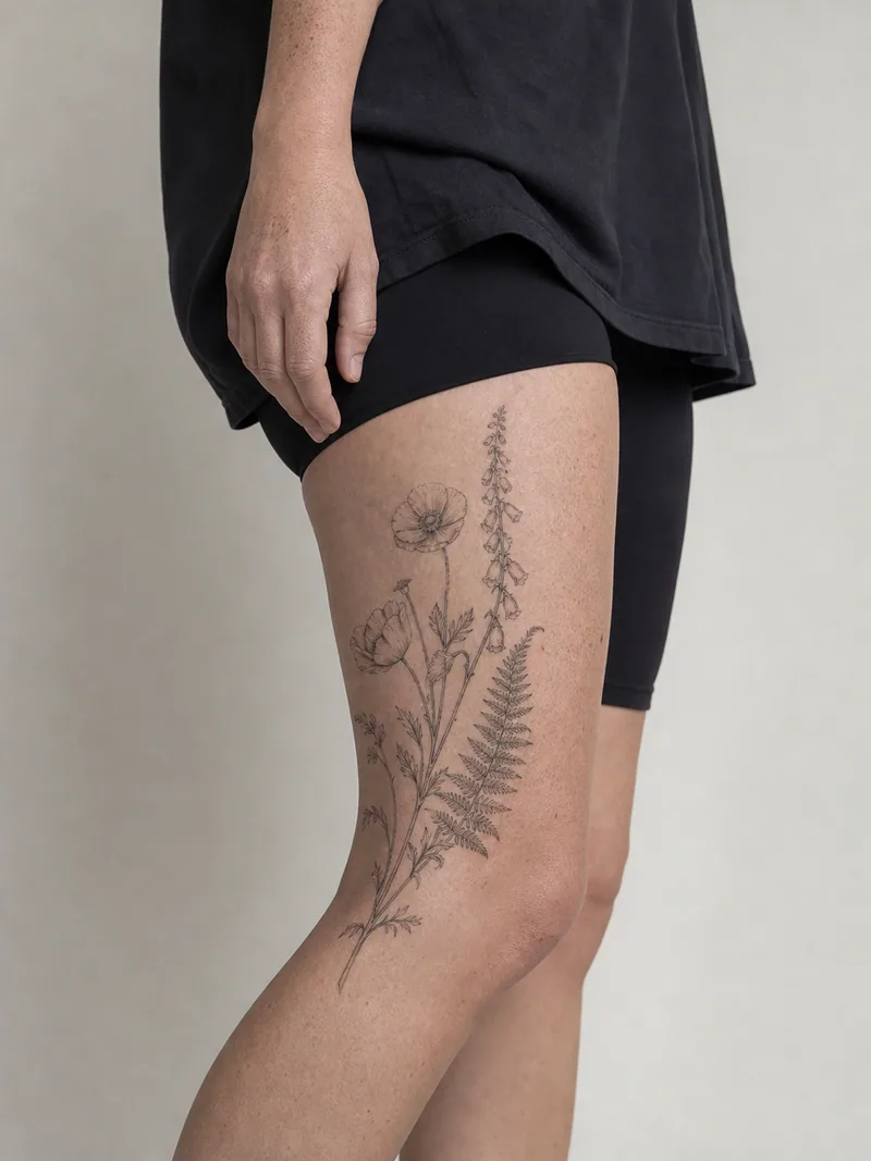 Fine line botanical thigh tattoo - poppies, fern and foxglove rising diagonally with generous negative space